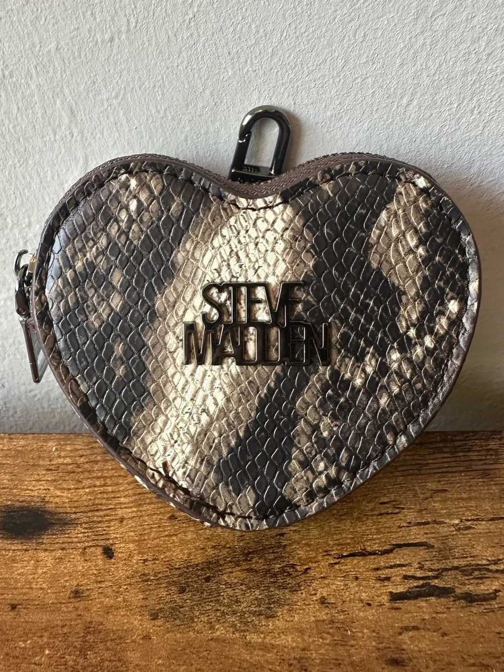 Steve Madden Snake-Print Embossed Heart Coin Pouch Bag Charm Keychain Brown/Tan